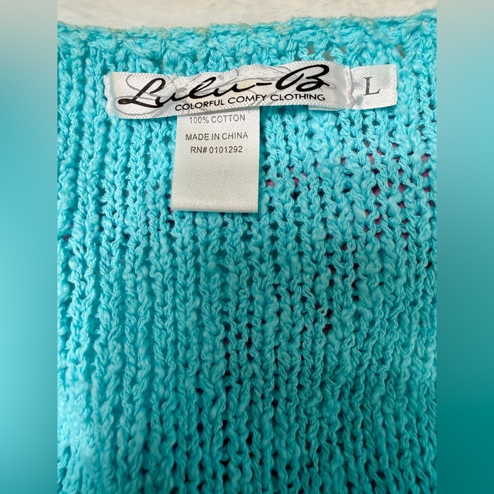 Lulu-B Turquoise Knit Cardigan Sweater Top Large 100%Cotton 3 Button Lightweight - Picture 2 of 5